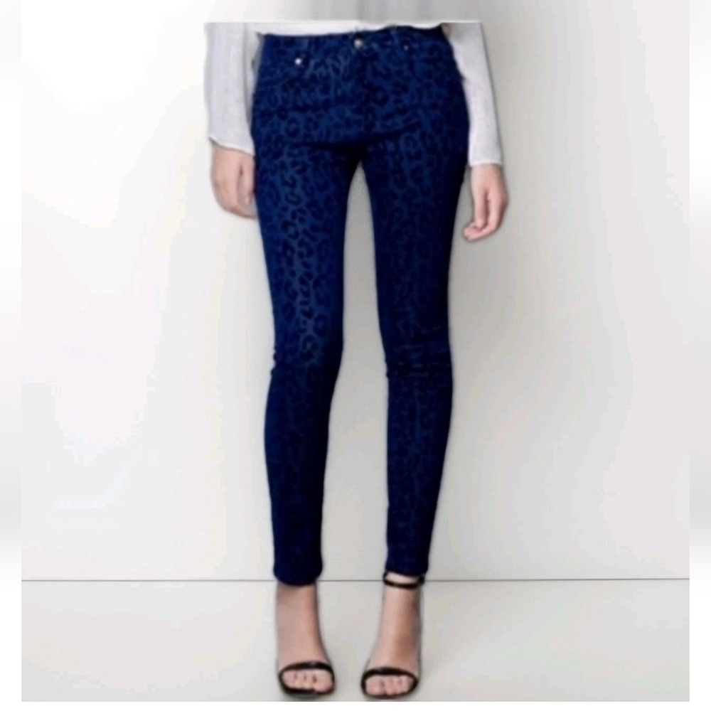 Free People Blue Black Leopard Velvet Skinny Jeans Animal Print Pants Ankle 27